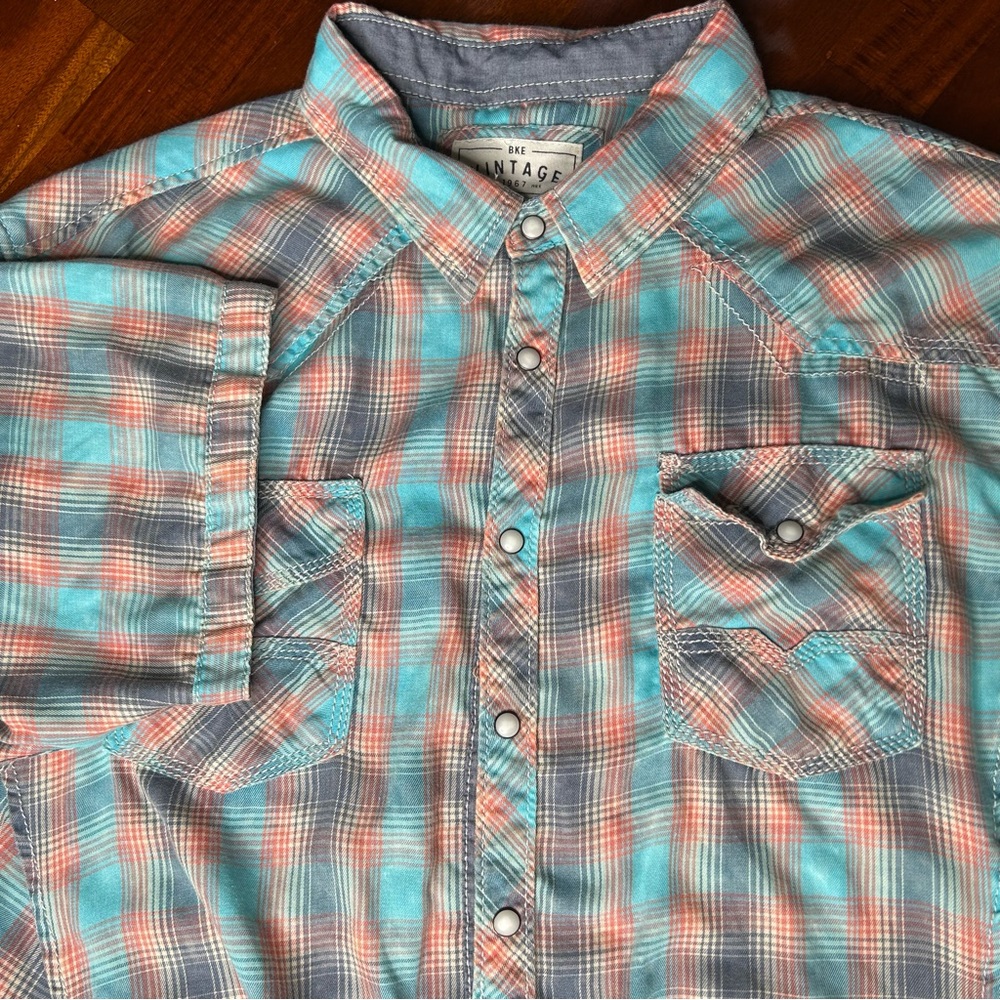 BKE Vintage Blue Orange Plaid Standard Fit Short Sleeve Button‎ Up Western Shirt